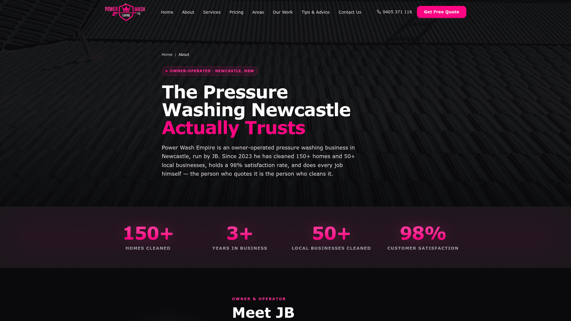 Power Wash Empire about page — the owner story and growth stats