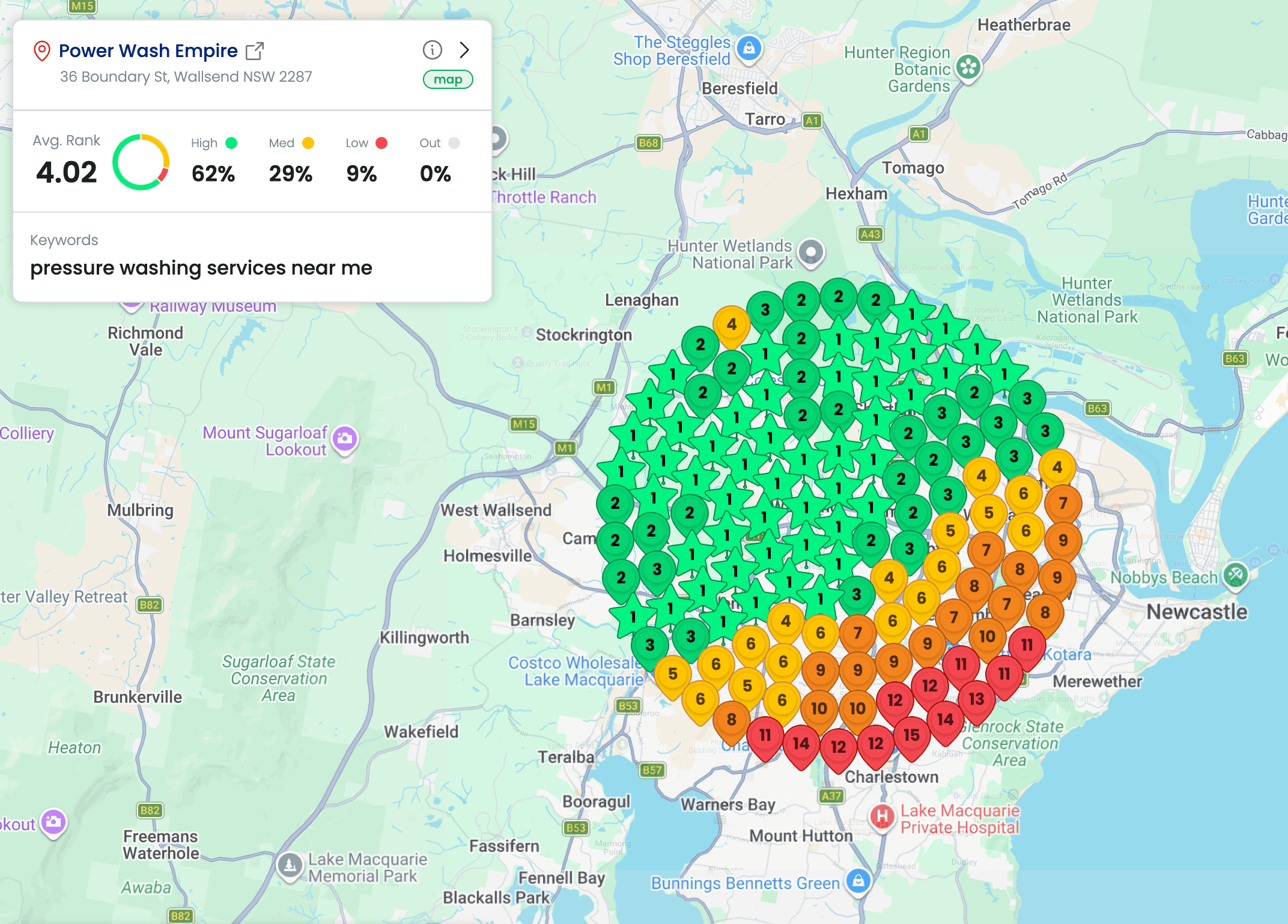 Geo-grid rank tracking map for Power Wash Empire on day 60, mostly green pins