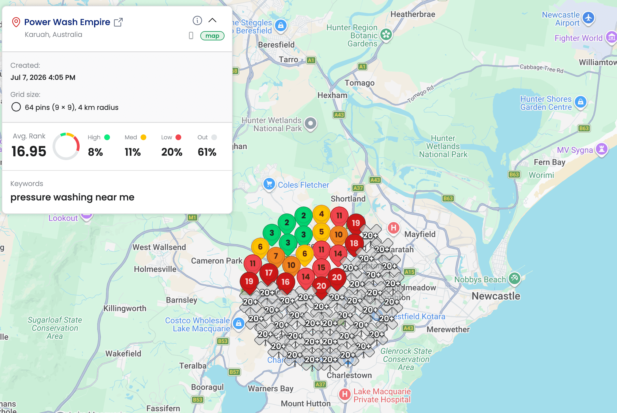 Geo-grid rank tracking map for Power Wash Empire on day 1, mostly red and grey pins